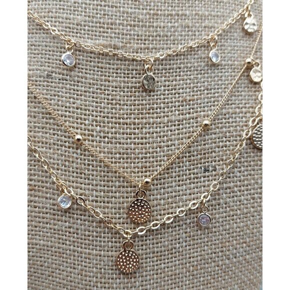 Ettika Layered Pendant Necklace in Gold Tone Saturn Chain Discs Crystals 15" Lon - Picture 4 of 9